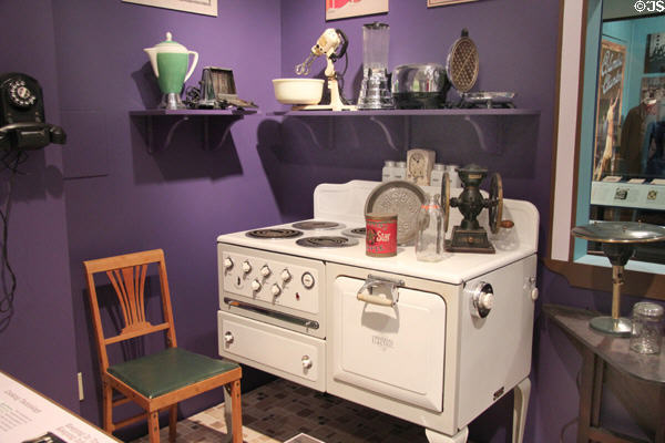Kitchen products (20thC) with electric stove (1937) by Landers, Frary & Clark of New Britain at Connecticut Historical Society. Hartford, CT.