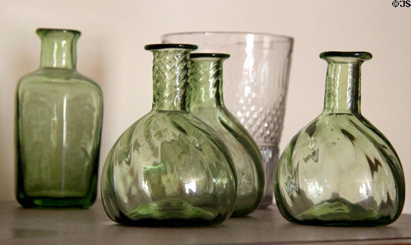 Early American blown glass bottles (reproductions) at Noah Webster House. West Hartford, CT.