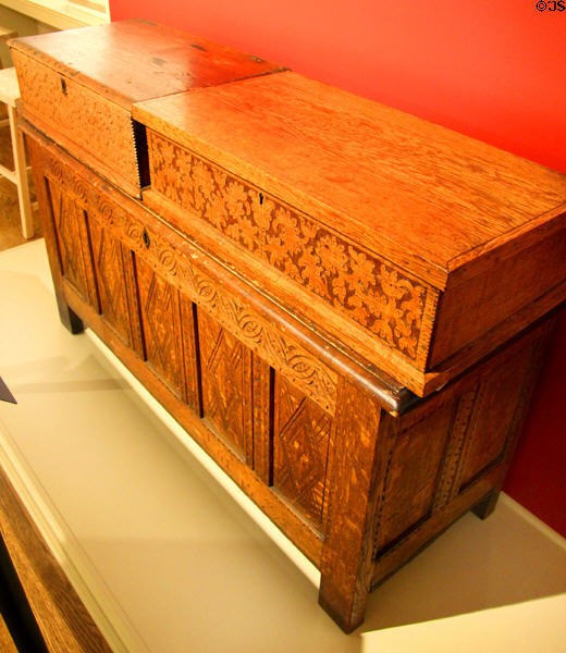 Two bible boxes (1680-1710) attrib. to John Moore of Windsor & joined chest (1660-80) at Windsor Historical Society Museum. Windsor, CT.