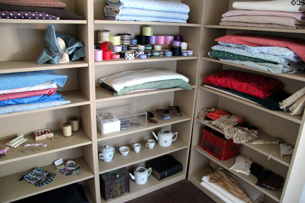 Shelves with linen & dry goods at Strong House. Windsor, CT.