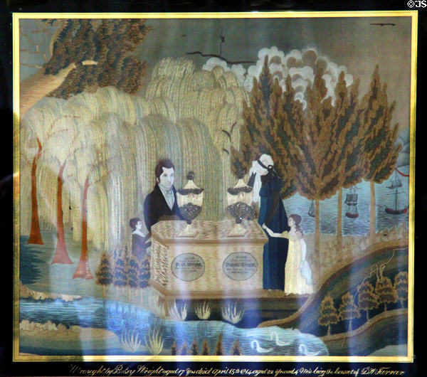 Embroidered mourning picture for Wright parents (1809) by Betsy Wright at Dr. Hezekiah Chaffee House. Windsor, CT.