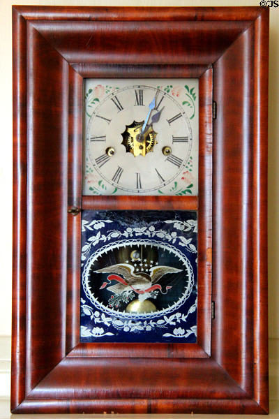 Mantle clock with American eagle at Dr. Hezekiah Chaffee House. Windsor, CT.