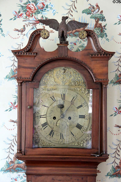 Face of tall case clock by Rab Wells of Ballinahinch at Oliver Ellsworth Homestead Museum. Windsor, CT.