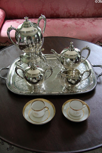 Silver tea service in parlor at Oliver Ellsworth Homestead Museum. Windsor, CT.
