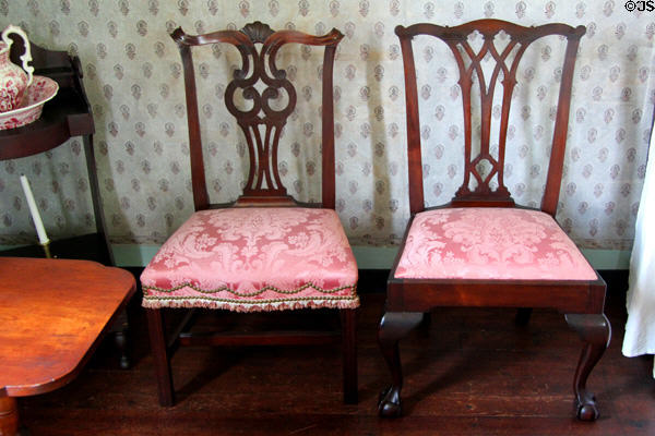 Chippendale side chairs (on left with straight legs (1781) prob. by Eliphalet Chapin belonged to Ellsworths) at Oliver Ellsworth Homestead Museum. Windsor, CT.
