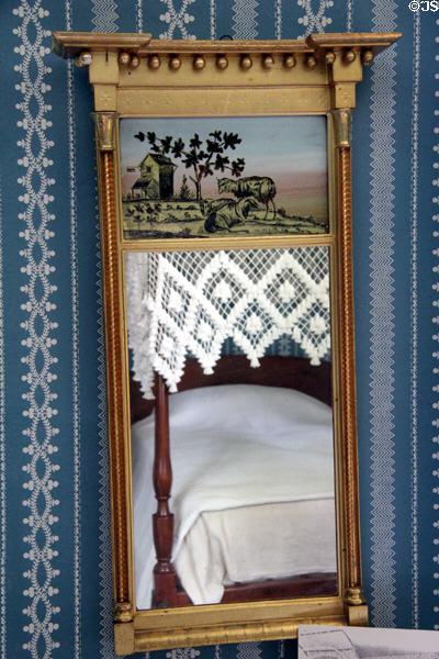 Early American mirror painted with scene of sheep or goats at Oliver Ellsworth Homestead Museum. Windsor, CT.