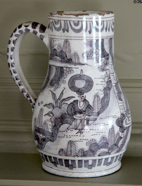 Ceramic pitcher with blue decoration at Phelps-Hathaway House. Suffield, CT.