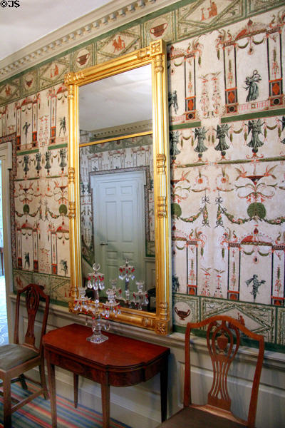 Hall mirror over table & side chairs against original wallpaper (c1795) at Phelps-Hathaway House. Suffield, CT.