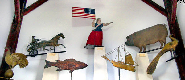 Collection of weather vanes at Phelps-Hathaway House. Suffield, CT.