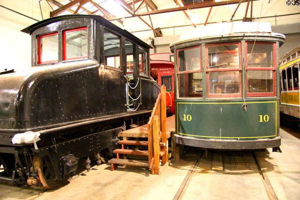 Ponemah Mills #1386 locomotive (1894) by General Electric Co. & Springfield (Vt.) Electric Ry. #10 (1901) at Connecticut Trolley Museum. East Windsor, CT.