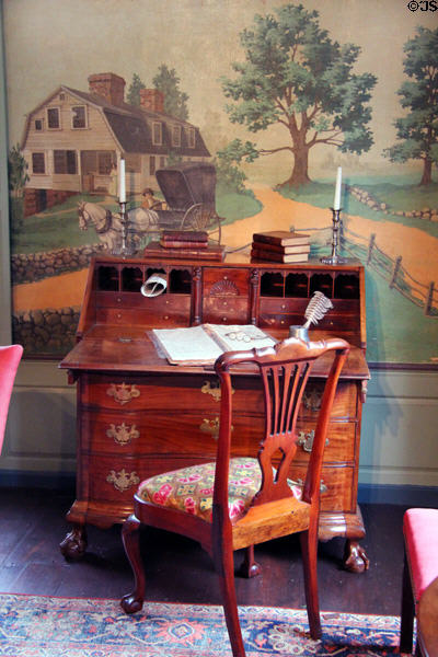Drop front desk in parlor at Joseph Webb House. Wethersfield, CT.