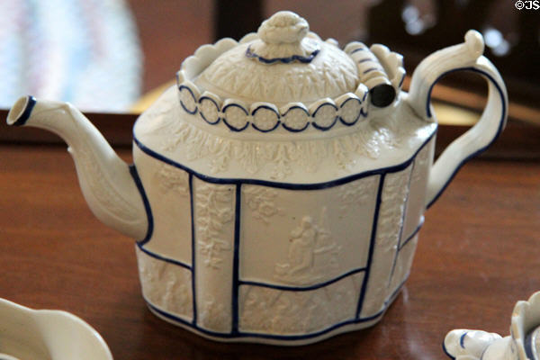 Embossed porcelain tea pot at Joseph Webb House. Wethersfield, CT.