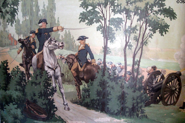 Mural of George Washington leading Revolutionary battle by Wallace Nutting at Joseph Webb House. Wethersfield, CT.
