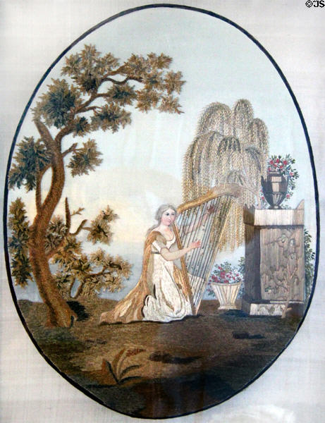 Mourning embroidery showing woman with harp at tomb under willow at Joseph Webb House. Wethersfield, CT.