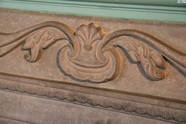 Parlor fireplace stone mantle carving at Silas Deane House. Wethersfield, CT.