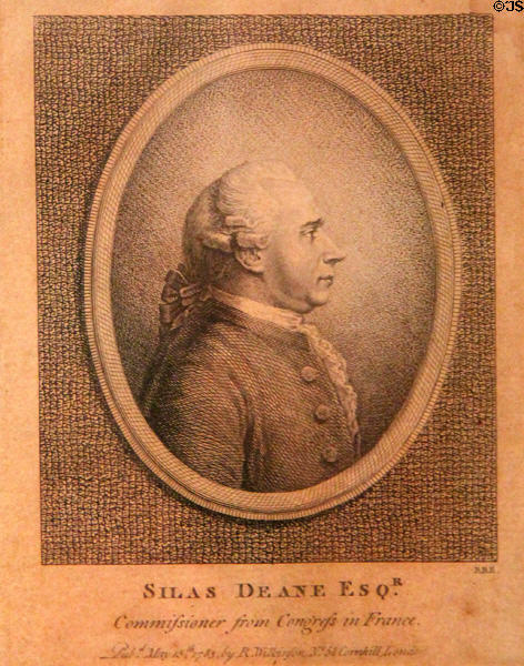 Graphic of Silas Dean (1783) by R. Wilkinson shows Commissioner from America's Revolutionary Congress to France in 1776 at Silas Deane House. Wethersfield, CT.
