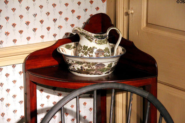 Washstand with pitcher & basin in bedroom at Isaac Stevens House. Wethersfield, CT.