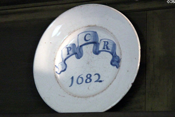 Ceramic plate painted PCR (1682) at Buttolph-Williams House. Wethersfield, CT.
