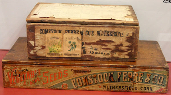 Comstock Ferre & Co. of Wethersfield seed boxes at Wethersfield Museum. Wethersfield, CT.