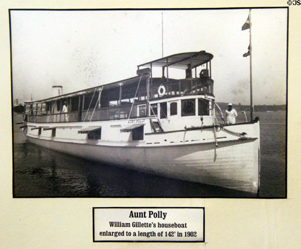 Photo of William Gillette's houseboat 'Aunt Polly' (1902) at Gillette Castle State Park. East Haddam, CT.