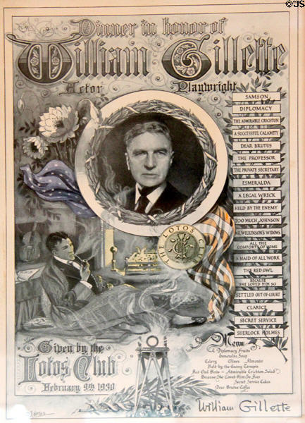 Poster (1930) honoring William Gillette, actor & playwright, at Gillette Castle State Park. East Haddam, CT.