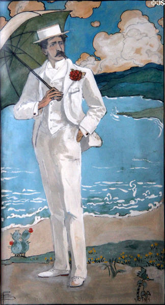 William Gillette in white with umbrella painting by Pamela Colman Smith at Gillette Castle State Park. East Haddam, CT.