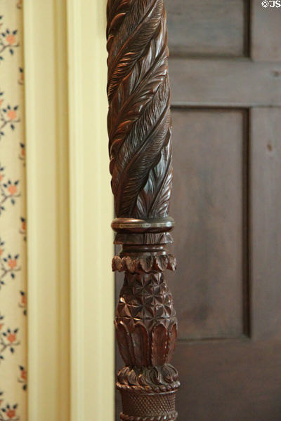 Bedpost tobacco leaf detail in Art Colony bedroom at Florence Griswold Museum. Old Lyme, CT.