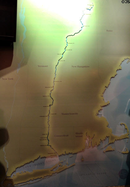 Map of Connecticut River which starts in New Hampshire at CT River Museum. Essex, CT.