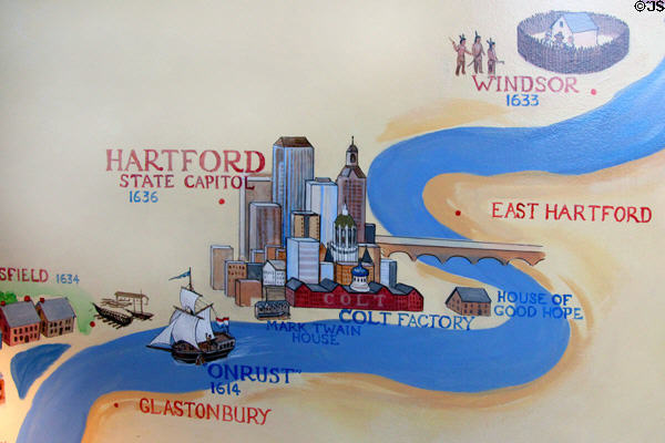 Hartford detail of mural showing Connecticut River at Connecticut River Museum. Essex, CT.