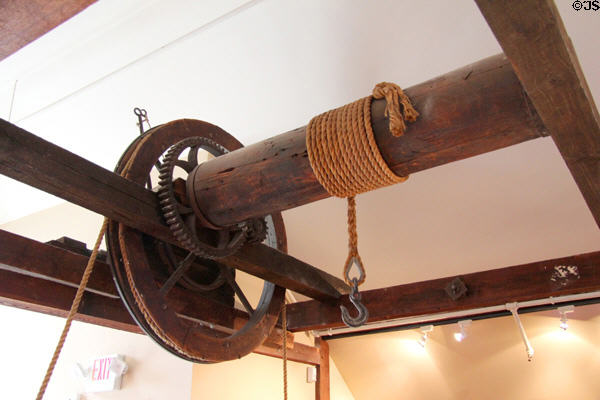 Hoisting device at former William Parmelee Warehouse, now at Connecticut River Museum. Essex, CT.