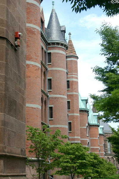 Thomas G. Lawrance Hall (1885, 1907 & 1938) evolved from Victorian Gothic to chateau style on Yale campus. New Haven, CT.