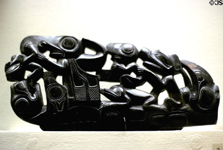 Carved Tlingit argillite pipe at Peabody Museum. New Haven, CT.