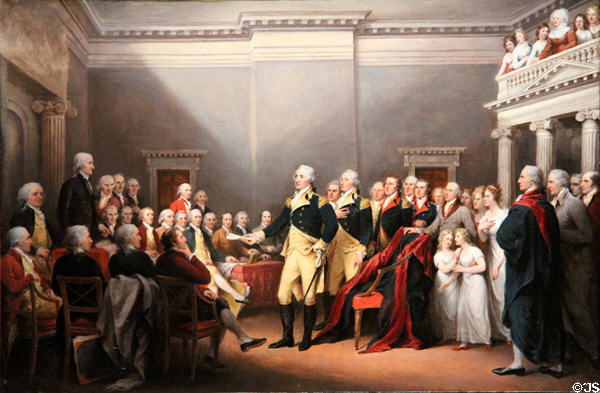 Painting of the resignation of General George Washington of his commission at Annapolis, December 23, 1783, by John Trumbull (1824-8) in Yale Art Gallery. New Haven, CT.