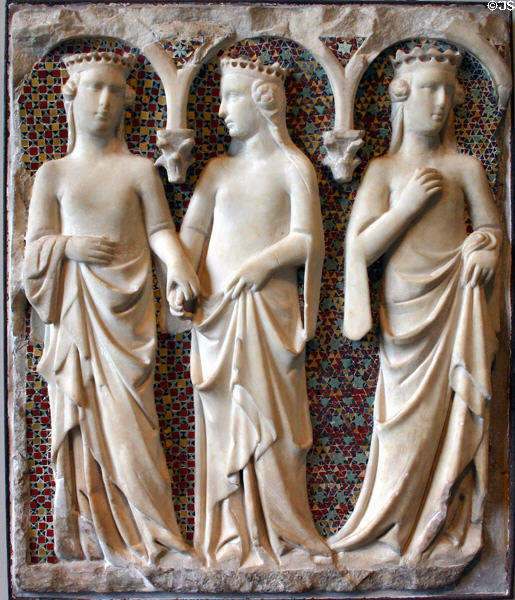 Marble & mosaic tomb relief of three princesses (c1325-35) by Tino di Camaino of Siena in Yale Art Gallery. New Haven, CT.