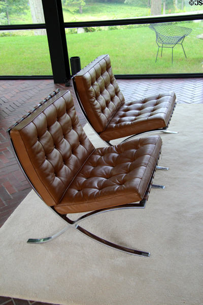 Ludwig Mies van der Rohe chairs designed for German Pavilion of 1929 Barcelona Universal Exposition at Philip Johnson Glass House. New Canaan, CT.