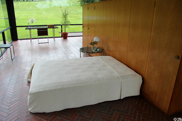 Bed & wooden armoire wall at Philip Johnson Glass House. New Canaan, CT.