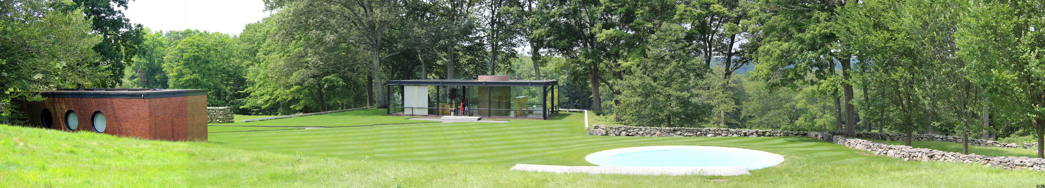 Panorama of Brick House, Glass House & pool at Philip Johnson Glass House. New Canaan, CT.