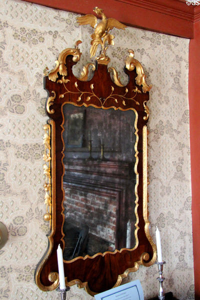 Early American wooden mirror frame with eagle carving at Denison Homestead Museum. Stonington, CT.