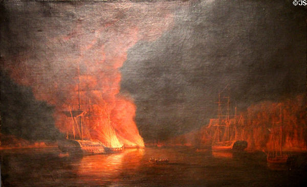 Phoenix, Rose, Asia & Experiment, British Squadron on Hudson River, attacked by fire ships & galleys, Aug. 16, 1776 painting (1777) by Dominic Serres at Mystic Seaport art museum. Mystic, CT.