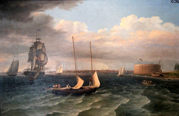 Castle William in New York Harbor painting (c1830) by Thomas Birch at Mystic Seaport art museum. Mystic, CT.