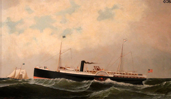 Old Dominion steamboat painting (1876) by Antonio Jacobsen at Mystic Seaport art museum. Mystic, CT.