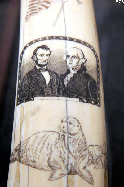Walrus ivory scrimshaw (c1865) with portraits of Lincoln & Washington at Mystic Seaport art museum. Mystic, CT.