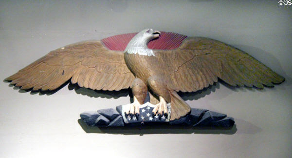 Carved American eagle with shield at Mystic Seaport art museum. Mystic, CT.