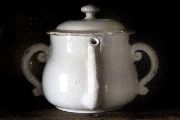 Ceramic posset pot at Joshua Hempstead House. New London, CT.