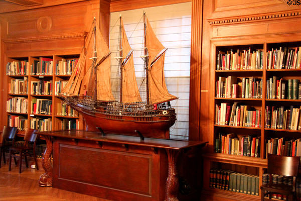 Hendel Library with model sailing ship at Lyman Allyn Art Museum. New London, CT.