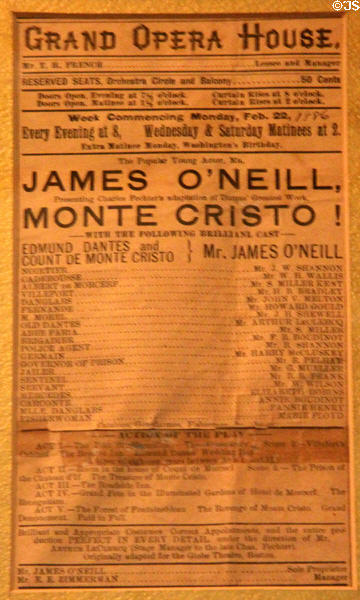 Monte Cristo playbill (1886) starring James O'Neill at Monte Cristo Cottage. New London, CT.