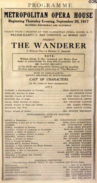 The Wanderer playbill (1917) featuring James O'Neill at Monte Cristo Cottage. New London, CT.