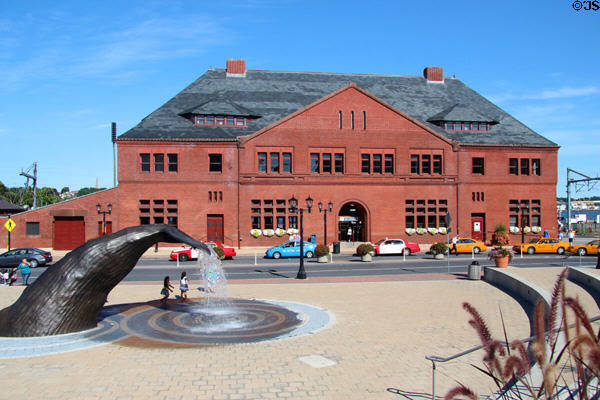 Whale tail fountain opposite New London Union Station. New London, CT.