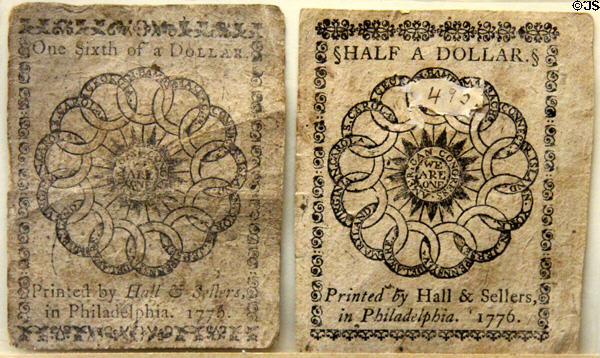 United States currency from American Revolution printed by Hall & Sellers (1776) at Monument House Museum. Groton, CT.