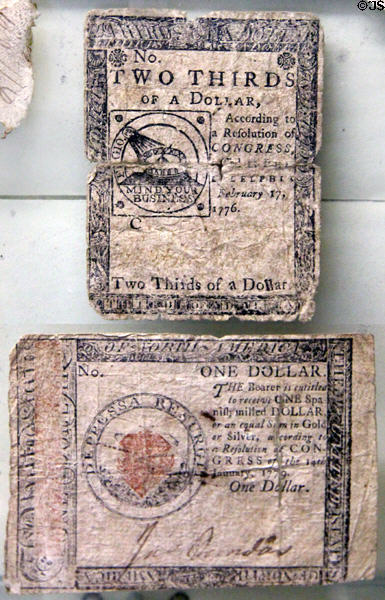 United States currency from American Revolution (1776 & 9) at Monument House Museum. Groton, CT.